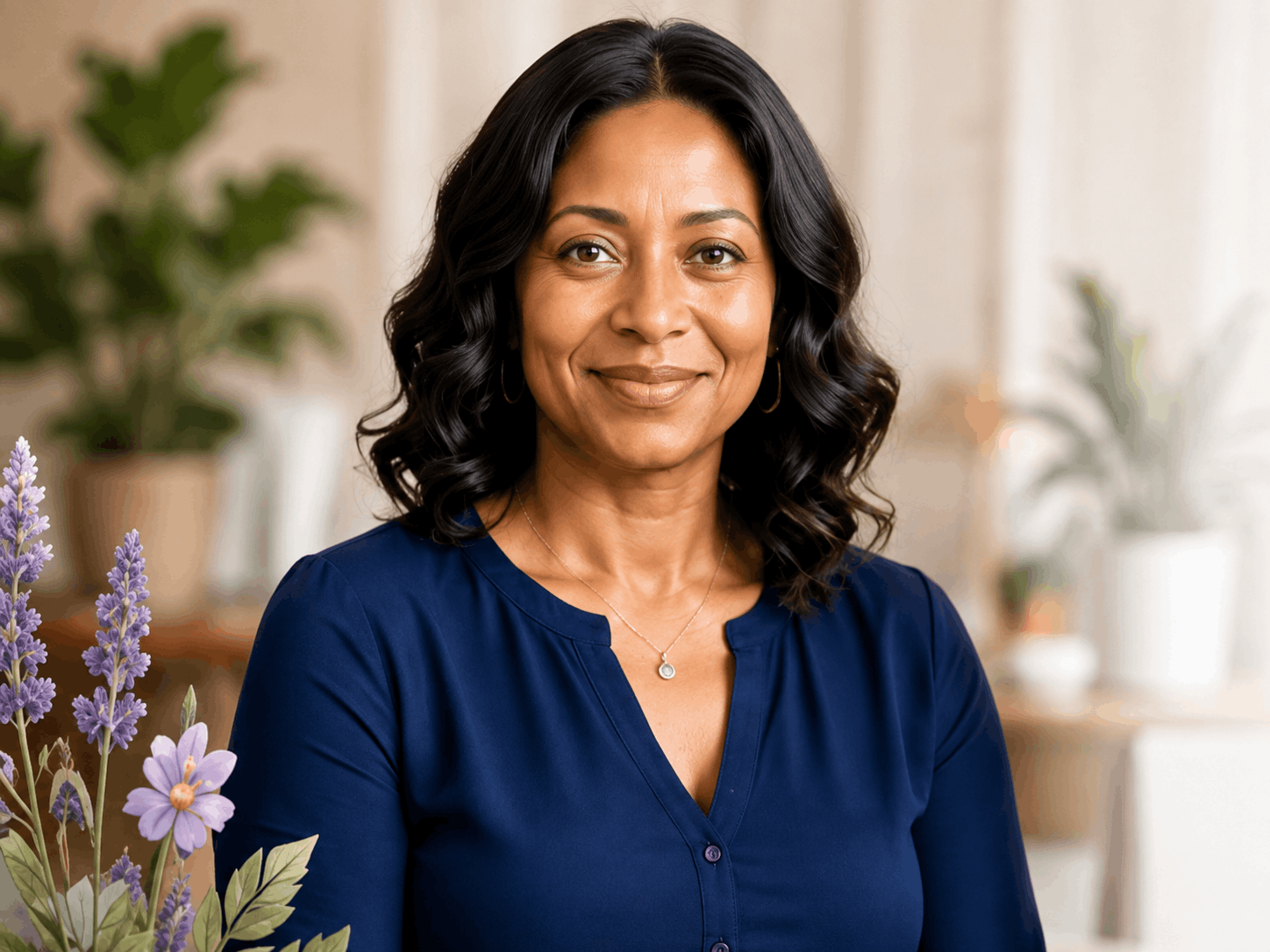 Founder of Wise-Hearted Women, smiling in a navy blouse