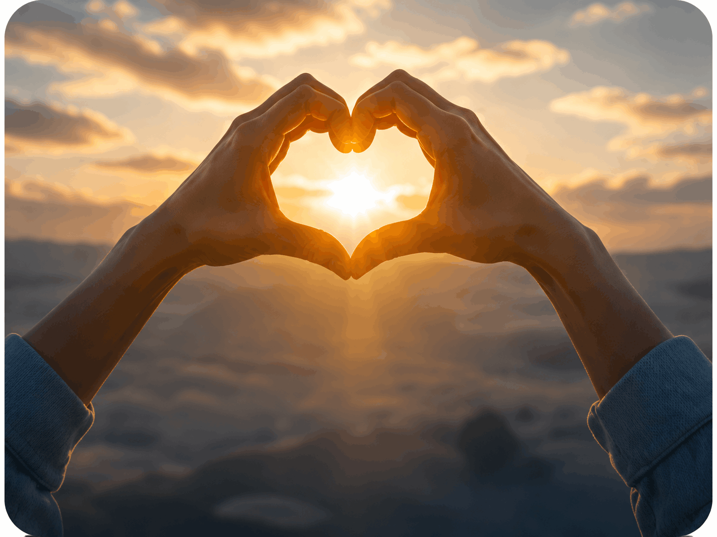 Hands forming a heart shape against a sunset sky