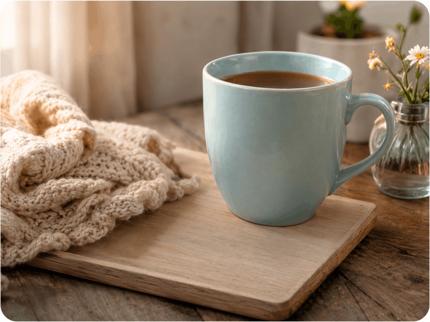 A mug of tea on a wooden tray beside a knit blanket and flowers
